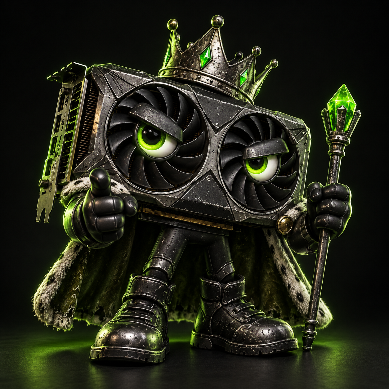A battle-scarred GPU king with expressive fan eyes and a crooked crown